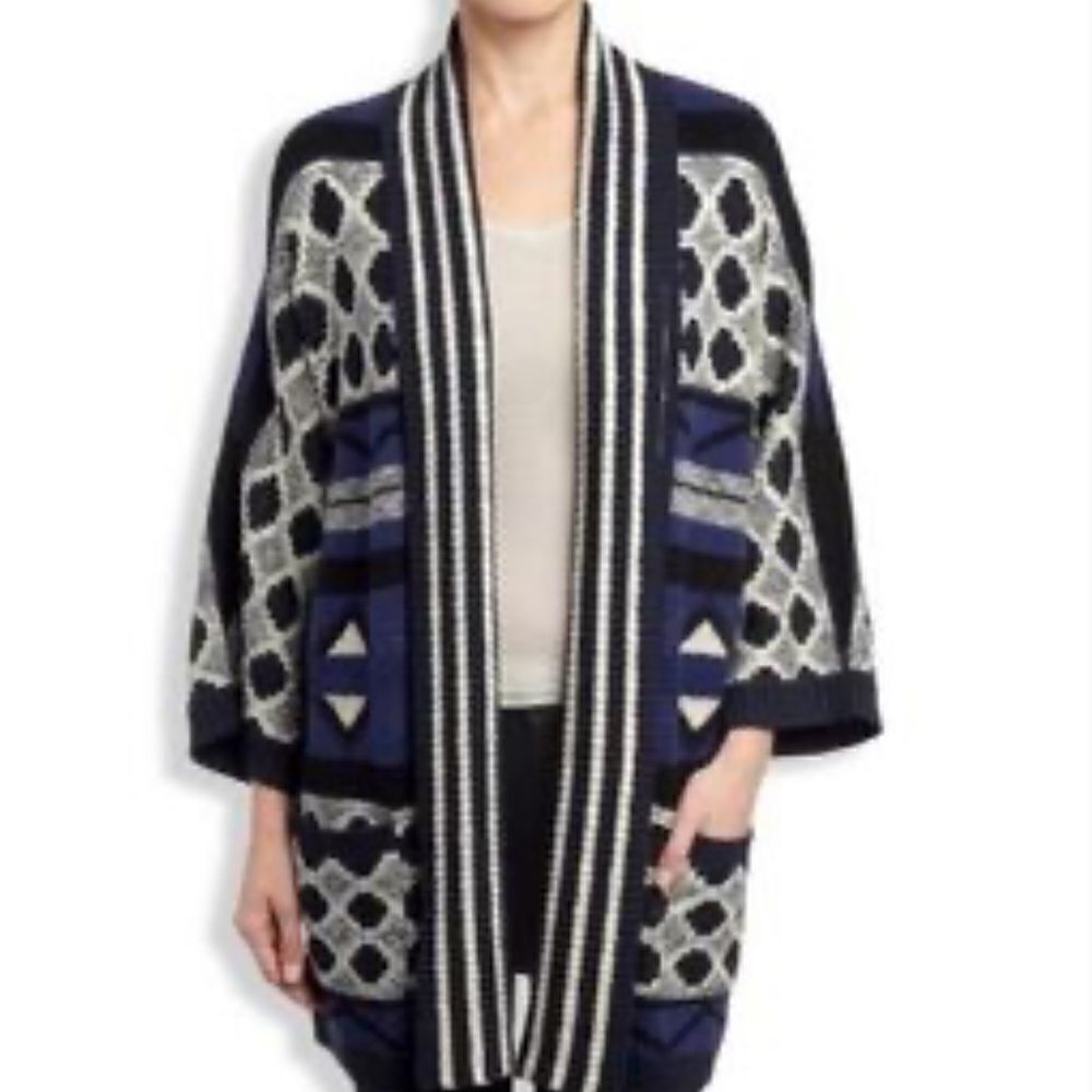 Lucky Brand Blue/Black Open‎ Front Boho Cardigan - M - Picture 3 of 14